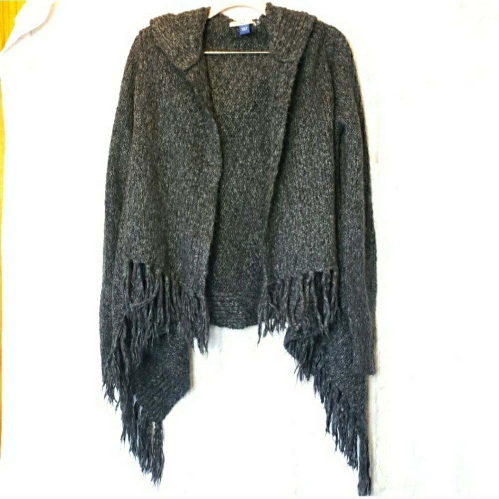 BANDOLINOBLU Hooded Chic Gray Fringe Cardigan Sweater Small